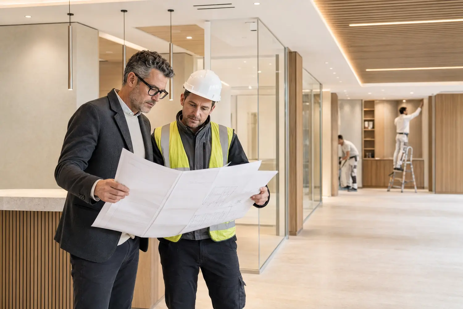 Projektleitung koordiniert die Gewerke auf einer hellen Baustelle