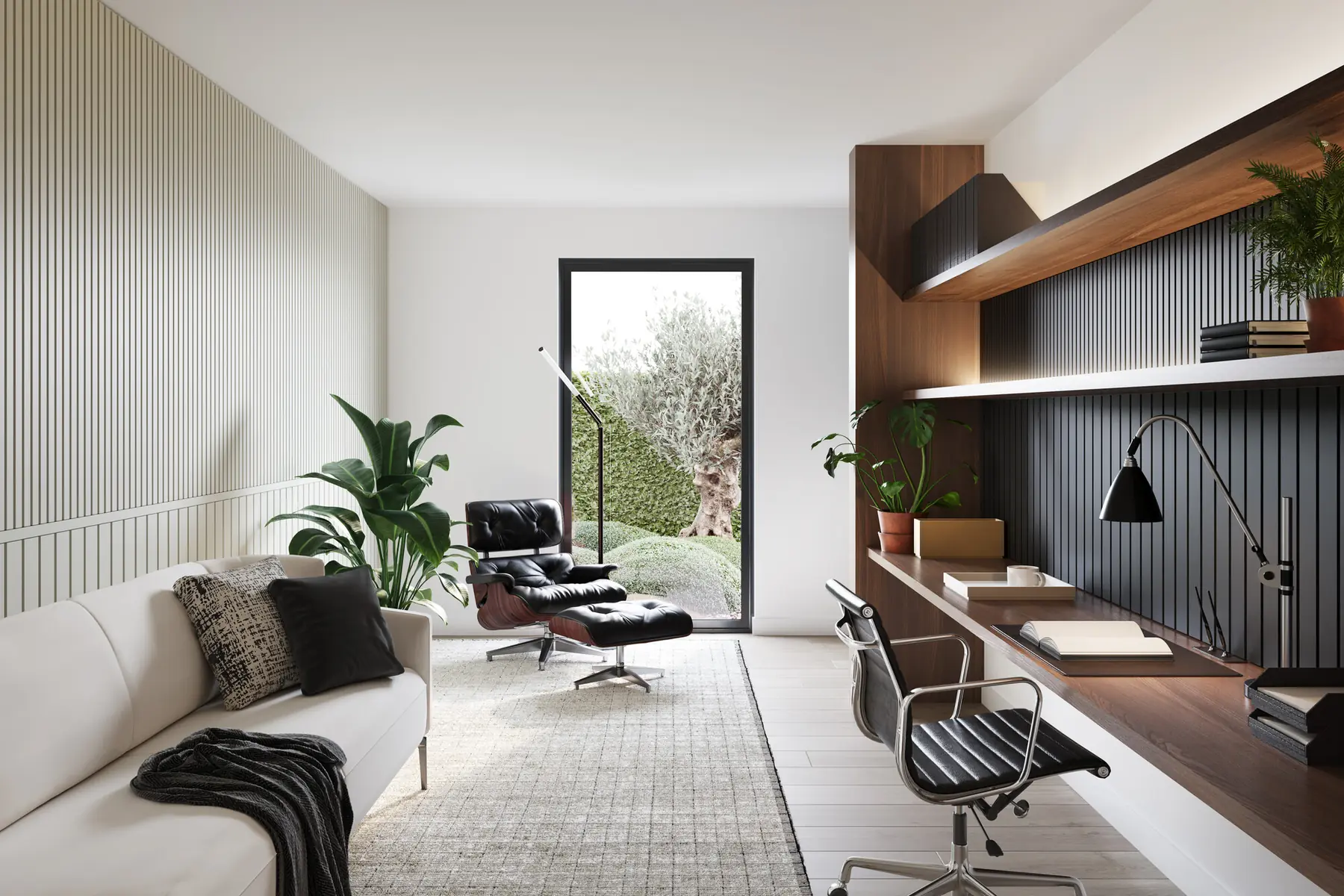 Helles Homeoffice mit Holz, Lamellenwand und schwarzen Akzenten